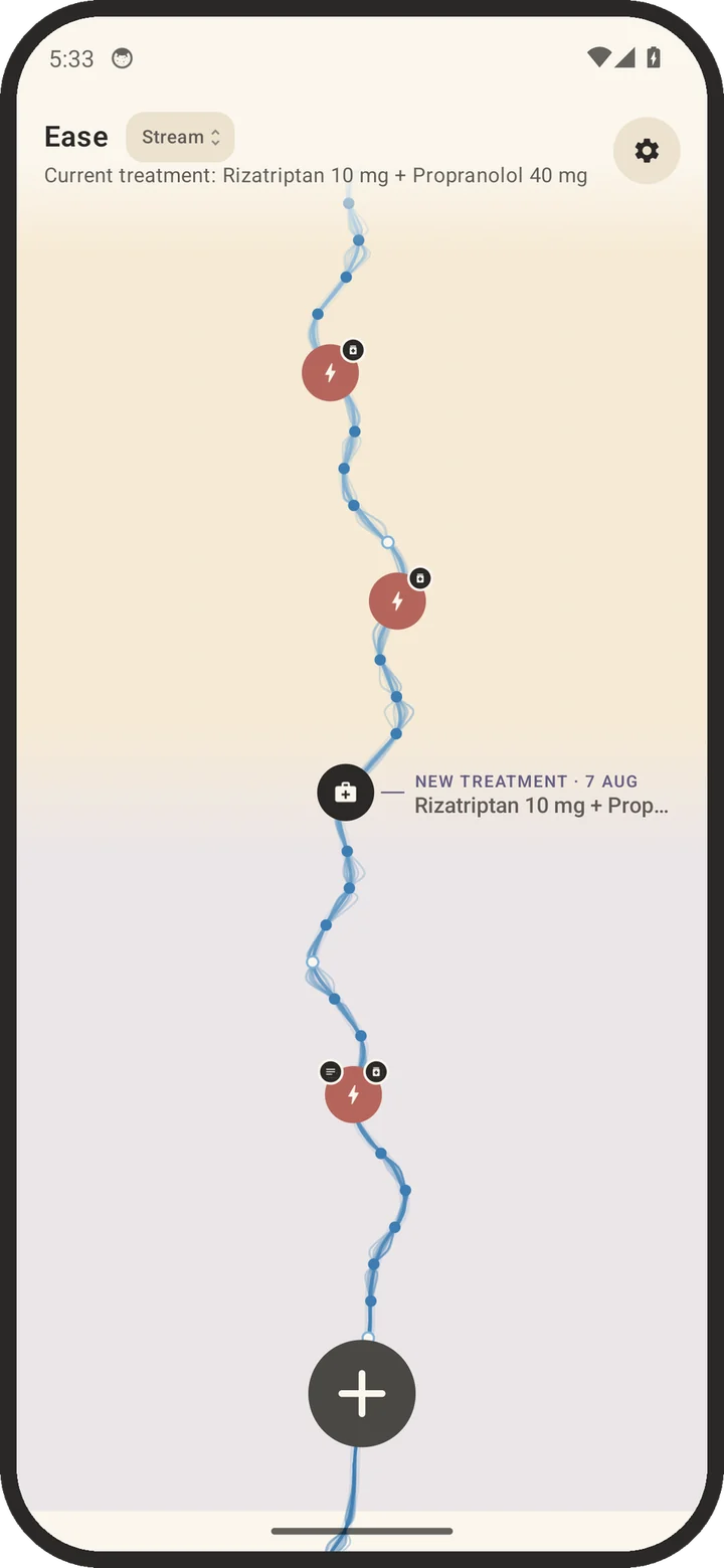 The Ease app: one path of logged days running down the screen. Red dots mark attacks, and a marker shows where a new treatment started on 7 August.