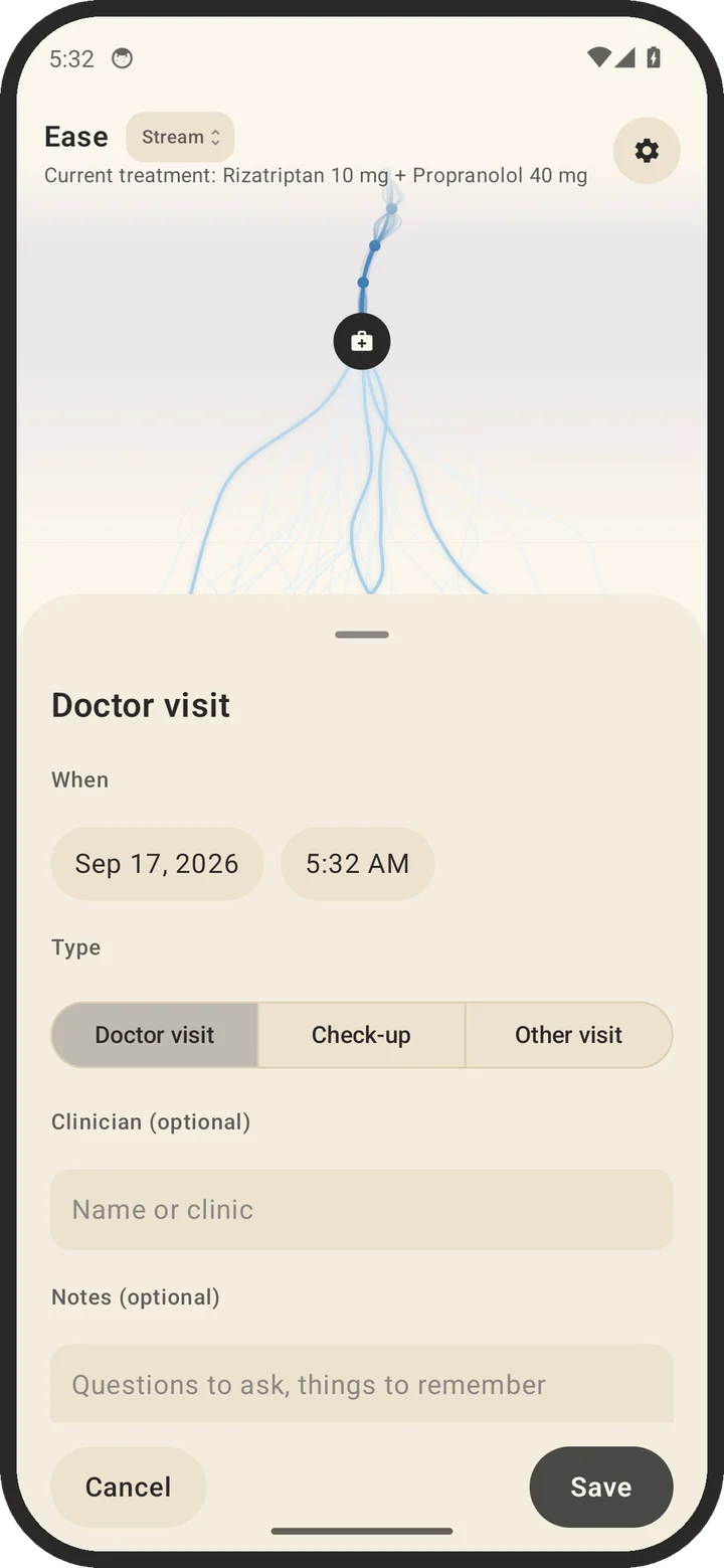 Adding a doctor visit in the app, with fields for the clinician and for questions to ask.